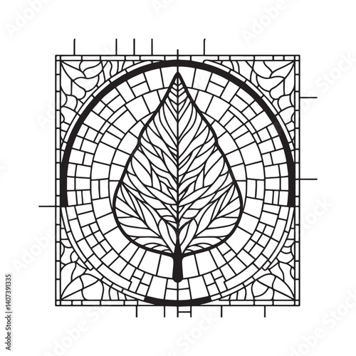 Stylized coffee leaf mosaic, framed in a minimalist arc and geometric border