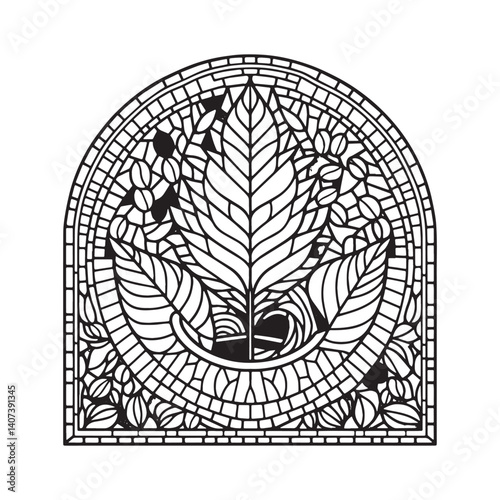 Stylized Coffee Leaf Motif in Mosaic Frame, Detailed Black and White Artwork