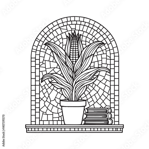 Stylized Corn Plant in Mosaic Frame with Books in Monochrome Design