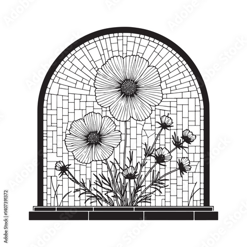 Stylized Coreopsis Flowers in Arch Window Mosaic Design Illustration