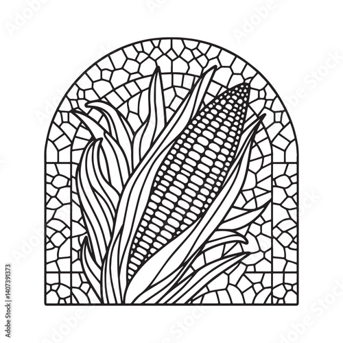 Stylized corn stalk graphic inside fractured cell bordered arch structure