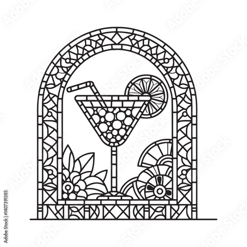 Stylized daiquiri illustration in mosaic frame with arc details in vector form