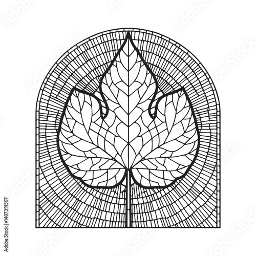 Stylized fig leaf illustration within mosaic frame, minimalist botanical design