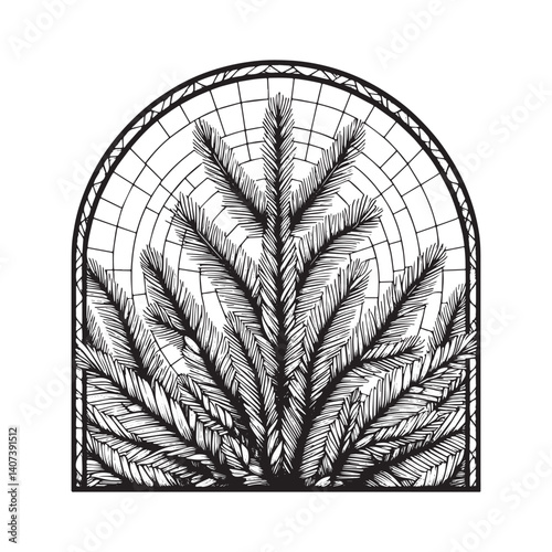 Stylized fir branch inside framed window with geometric stained glass effect