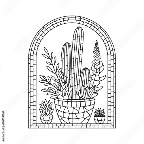 Stylized geophytic flora in outlined mosaic pattern within arched frame