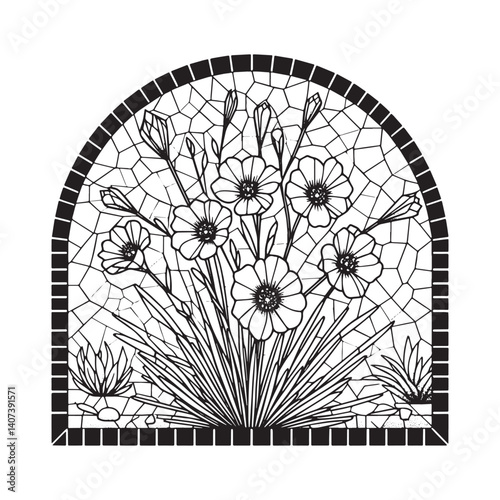Stylized flower mosaic in outlined arc frame, black and white floral arrangement