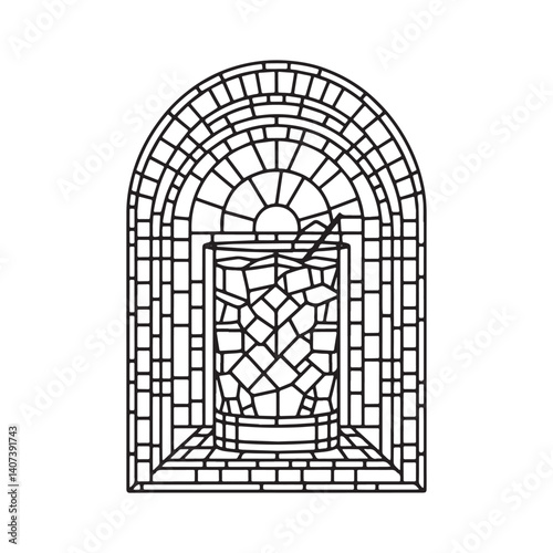 Stylized Highball Glass with Geometric Ice Cubes Framed in Arch Outline