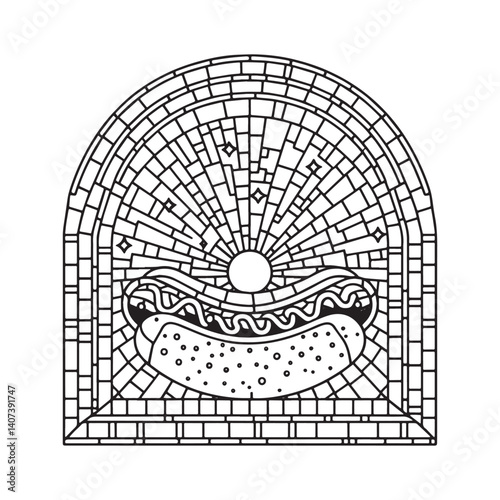 Stylized hot dog mosaic emblem in monochrome with an arched frame