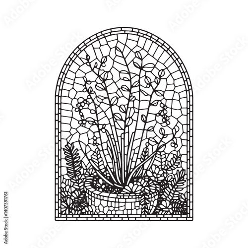 Stylized indoor plant in pot presented as a minimalist mosaic in arched frame