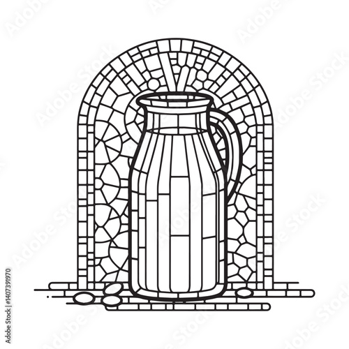 Stylized milk pitcher within a mosaic structure against clean backdrop