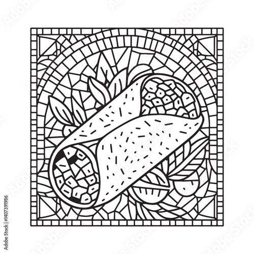 Stylized monochrome burrito illustration with mosaic effect and outline shape