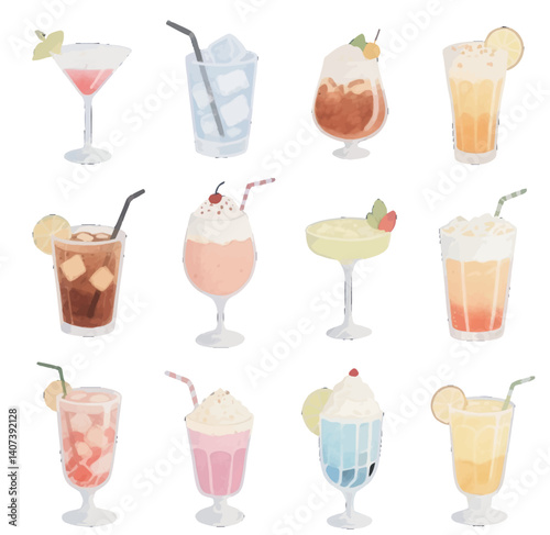 set of drinks and ice and juice icecream
