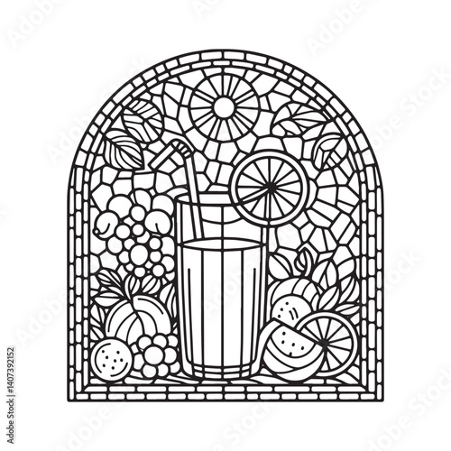 Stylized Mosaic Fruit Juice Illustration in Arch Shaped Frame