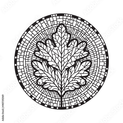 Stylized Oak Leaf Mosaic Silhouette within Geometric Circular Frame