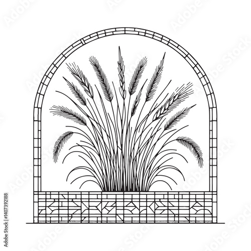 Stylized Ornamental Grass Plant in Mosaic Outline Within Simple Arc Frame