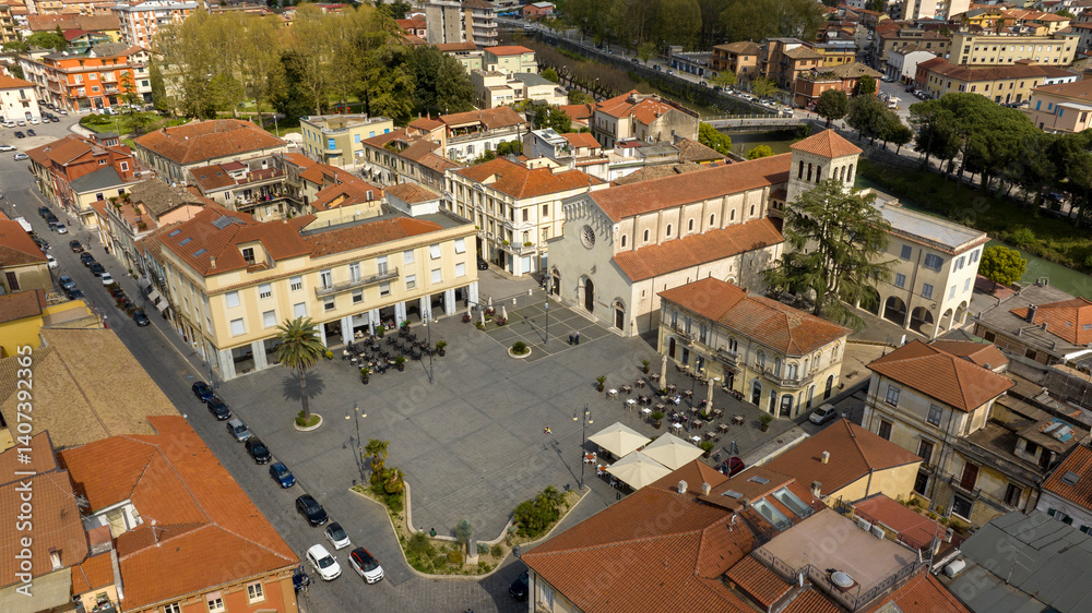 Aerial view of the church of Santa Restituta, a religious building in Sora. It is a town in Lazio, Italy, in the province of Frosinone.