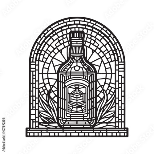 Stylized rum bottle illustration within archway design in mosaic style