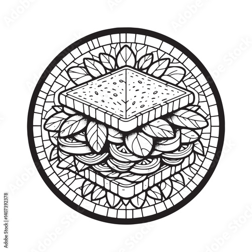 Stylized sandwich drawing inside an arc frame with geometric background