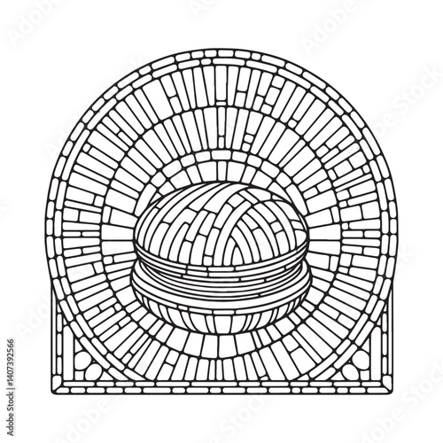 Stylized yarn ball illustration with mosaic frame in black and white