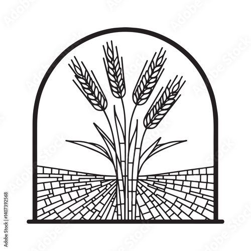 Stylized wheat plant emblem, showcased in a simple arc frame design