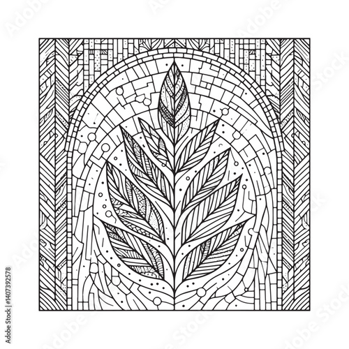 Stylized willow branch within fractured circular border in monochrome art