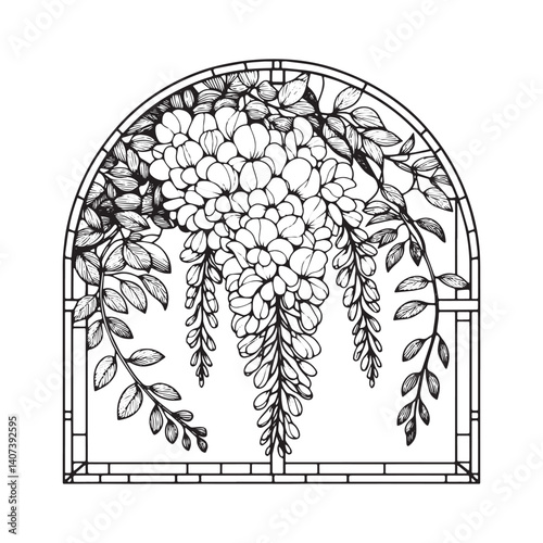 Stylized wisteria blossom outline framed in geometric arc design illustration