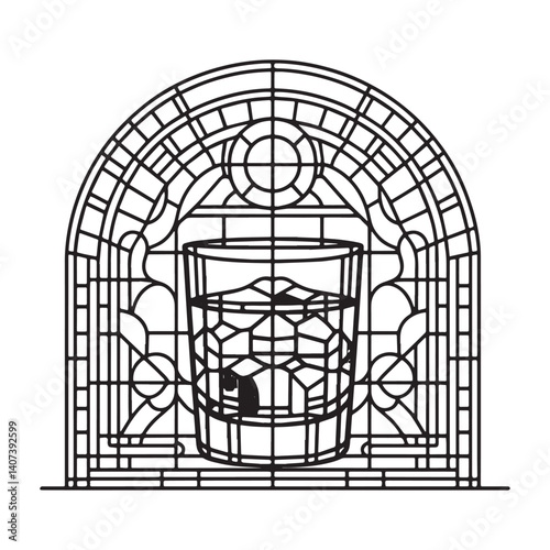 Stylized whiskey glass mosaic inside rounded frame, art deco aesthetic