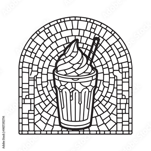 Whimsical milkshake design with straw and whipped cream in blocky arc window