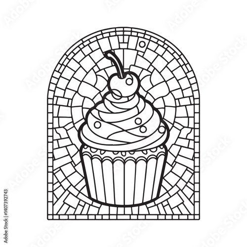 Whimsical cupcake depiction in a simulated mosaic structure within a frame