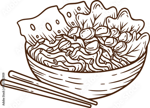 hand drawn indonesian chicken noodle illustration with meat greens and cracker in white bowl suitable for street food mie ayam