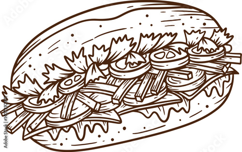 hand drawn banh mi illustration with carrot tomato ham and cheese suitable for street food