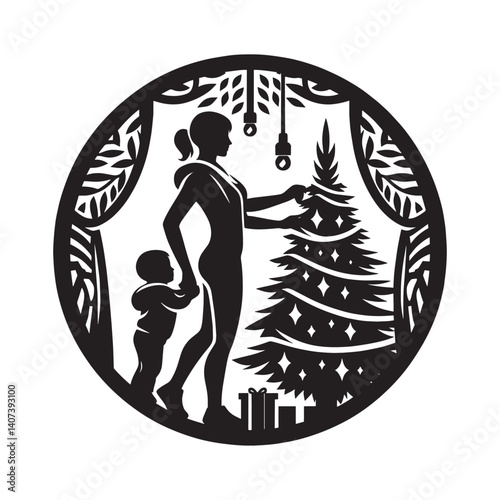 A mother and child decorate a Christmas tree together in a decorative art style