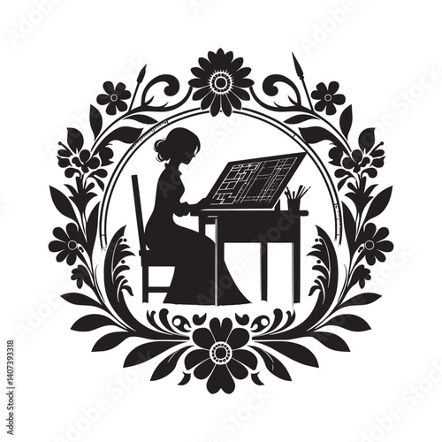 Architectural designer silhouette amidst floral embellishments for creative projects