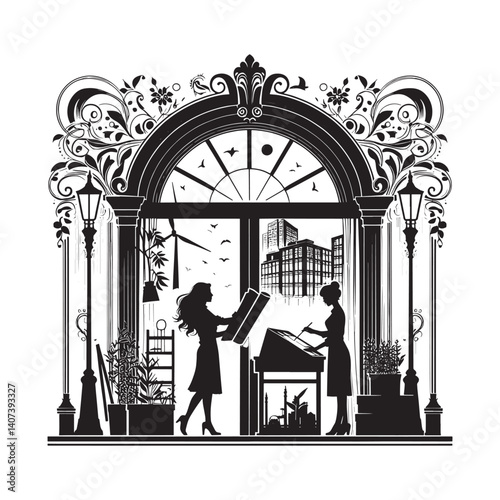 Architectural innovation silhouette design, woman crafting sustainable buildings