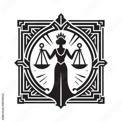Art Deco Silhouette of Justice Symbolizing Balance and Law as a Queen