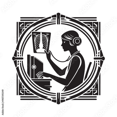 Art Deco Style Radiologist Reviewing Xray Images with Geometric Frame