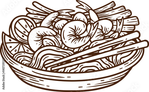 hand drawn Pad thai noodle illustration with fried shrimp and spring onion in white plate suitable for street food