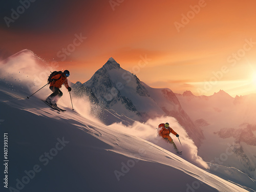 On gleaming snow slopes, skiers descend precisely, with powder flying freely under the alpenglow