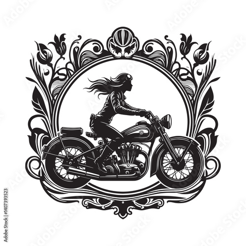 Art nouveau motorcycle adventure with woman rider and floral framework