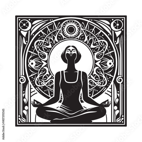 Art Nouveau Inspired Woman in Meditation Pose with Ornate Background