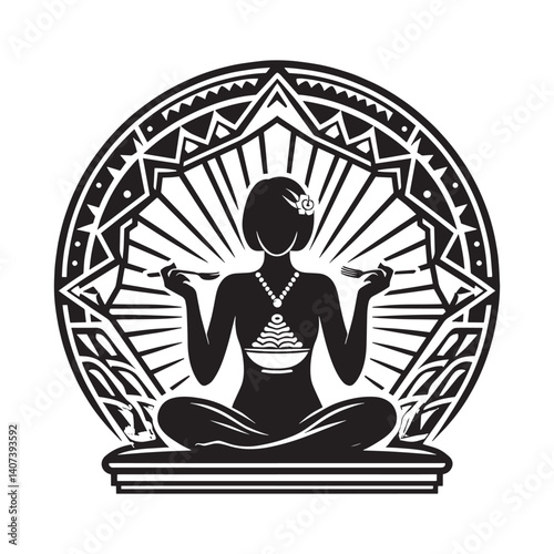 Artistic depiction of mindful eating with deco elements and balanced lifestyle