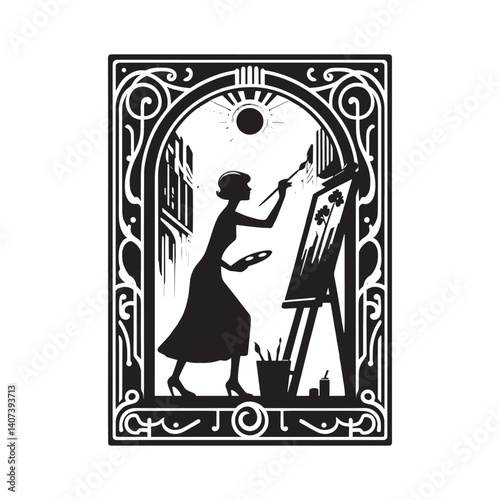 Artistic silhouette a woman crafting mural in an elegant urban art frame