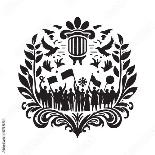Black and white vector illustration of a social activism gathering
