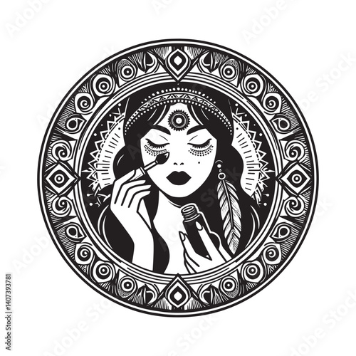 Bohemian Beauty Applying Makeup with an Ornate Circular Frame Design