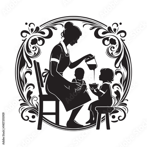 Caring silhouette artwork featuring mother pouring cereal for two children