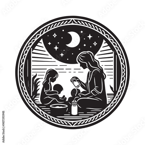 Caring maternal figure overseeing children under a starry moonlit sky illustration