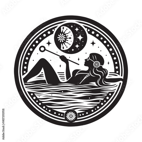Celestial bathing art illustration depicting a relaxed woman dreaming of cosmos