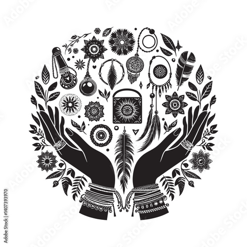 Bohemian hands holding spiritual elements in detailed monochrome graphic