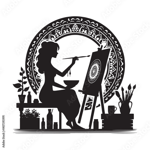 Creative artist in a studio silhouette painting on canvas with a mandala
