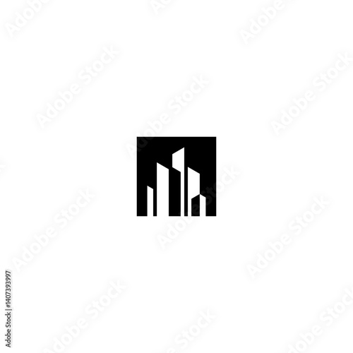 Minimalist black and white real estate logo featuring abstract skyscrapers inside a square frame. Perfect for construction companies, architecture firms, property developers, and modern business brand